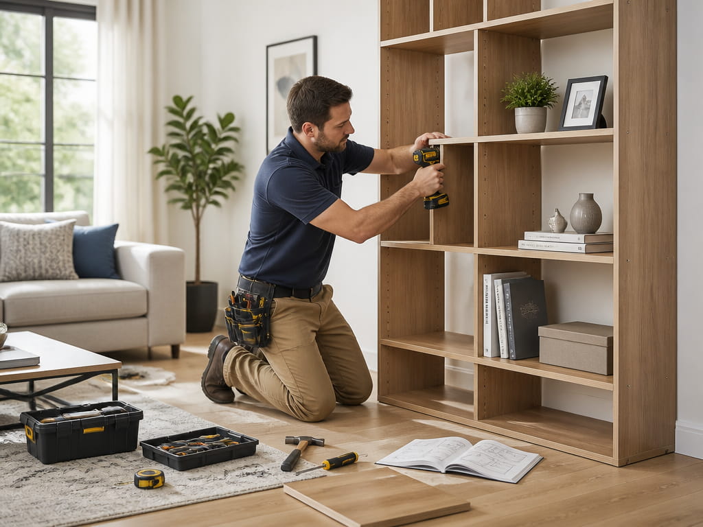 Technician assembling flat-pack furniture in a living room