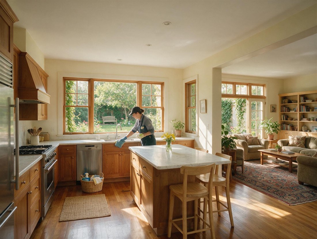 Cleaner wiping down a kitchen counter in a bright home
