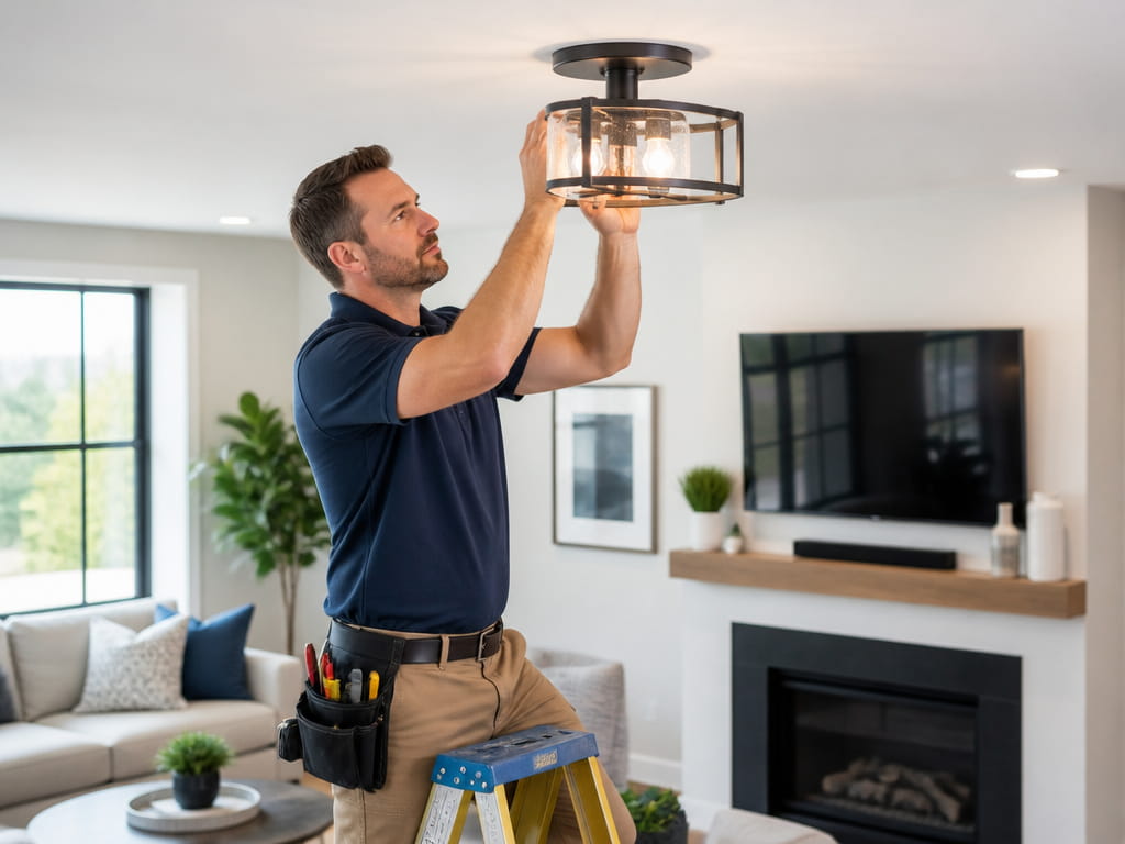 Worker mounting a shelf to an interior wall with a drill