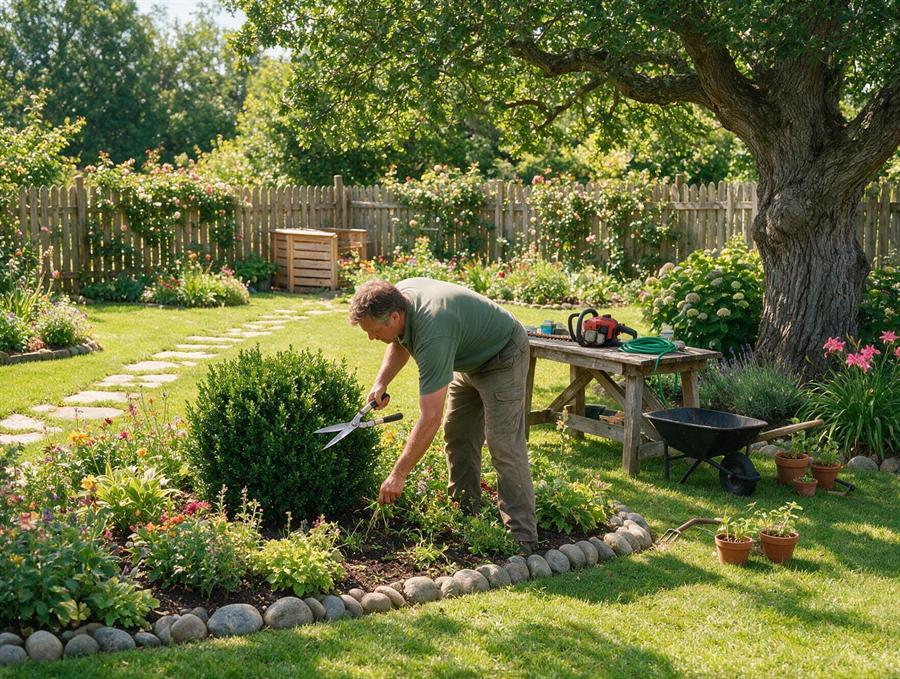 Worker tidying garden beds and clearing yard debris