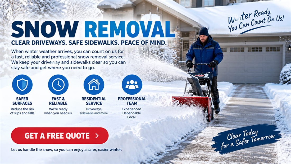 Worker clearing a snow-covered residential driveway with a snow blower